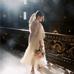 Kamperett Meiere Midi Dress – Silk Bridal Wedding Gown – Size M